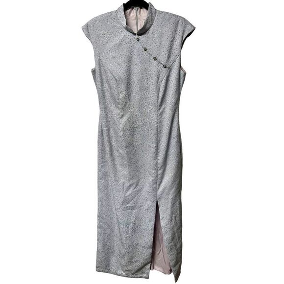 Vintage J.R. Nites by Caliendo Silver Gray Sparkly Formal Midi Dress Cap Sleeve - Picture 2 of 11